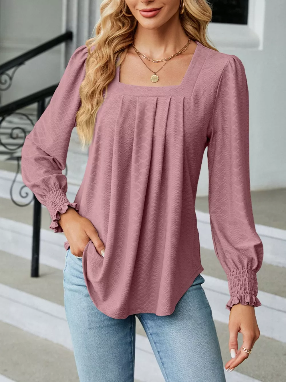 Pleated Square Neck Long Sleeve Top, image 18