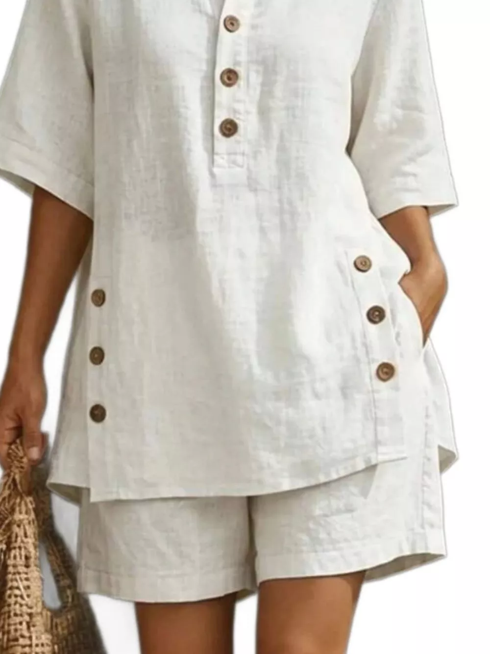 Full Size Casual Linen Button-Down Shirt & Shorts Set Plus Size, image 3