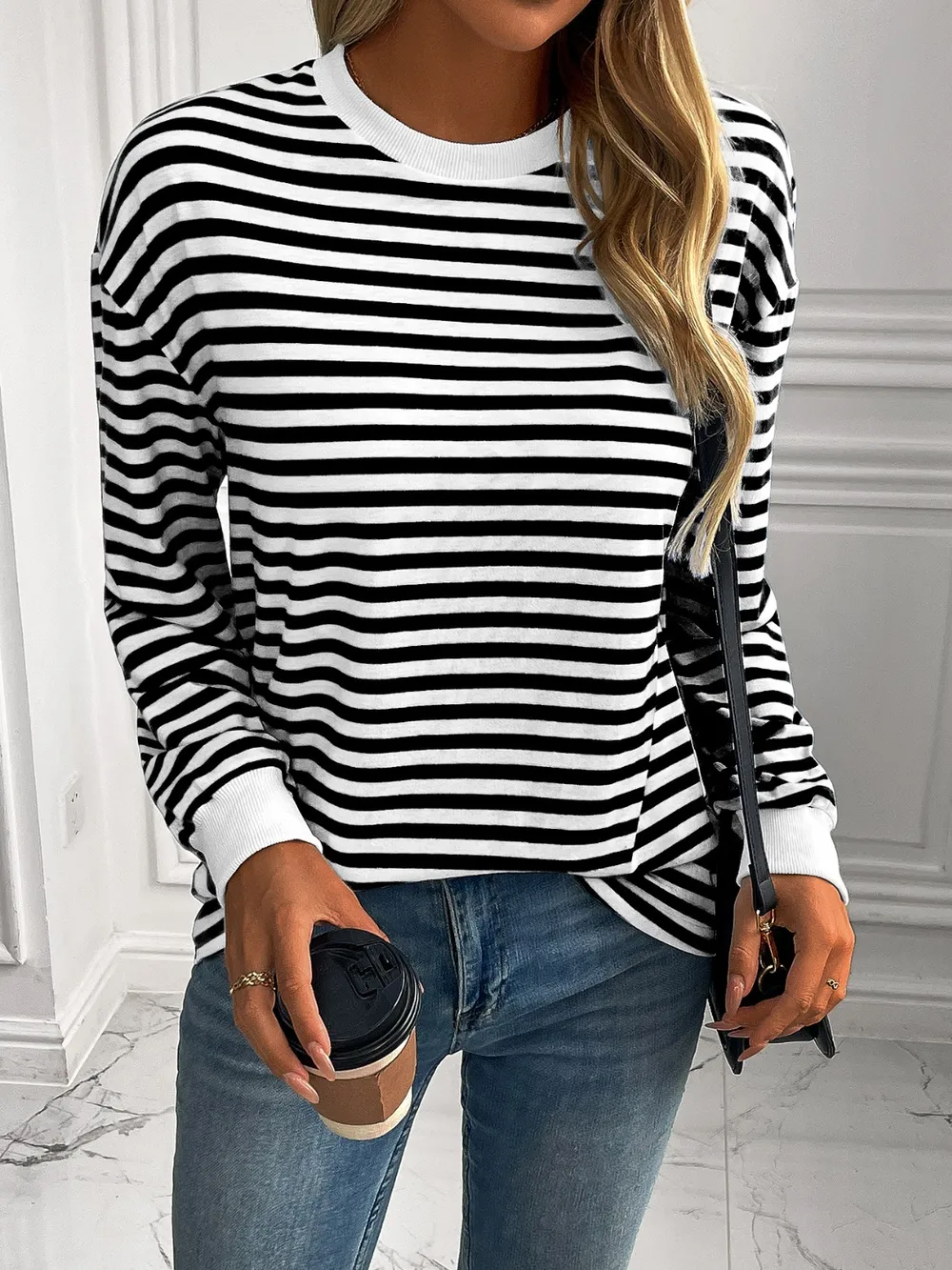 Striped Round Neck Long Sleeve Sweatshirt, image 5