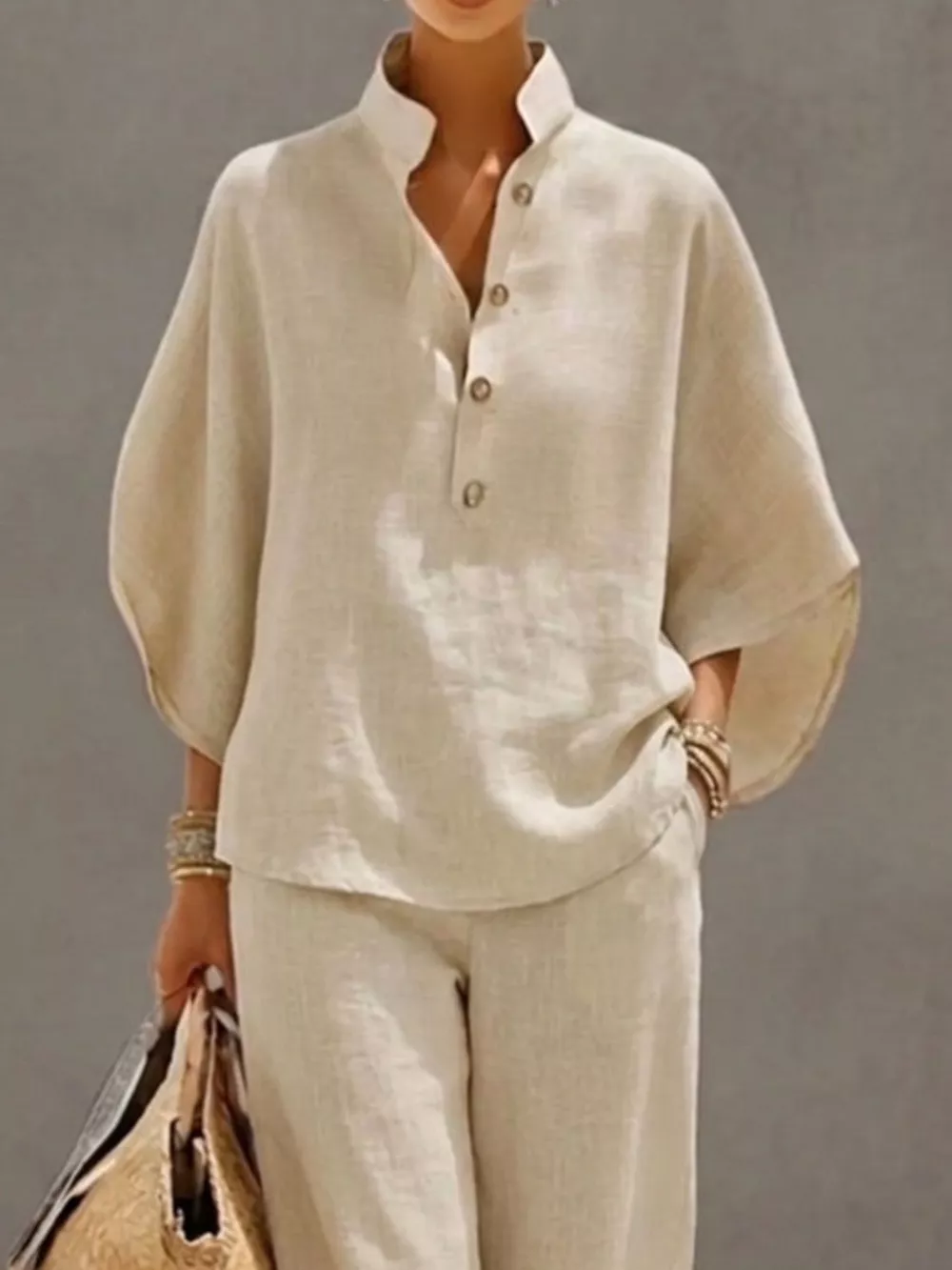 Full Size Button Detail 3/4 Sleeve Top and Pants Set Plus Size, image 2