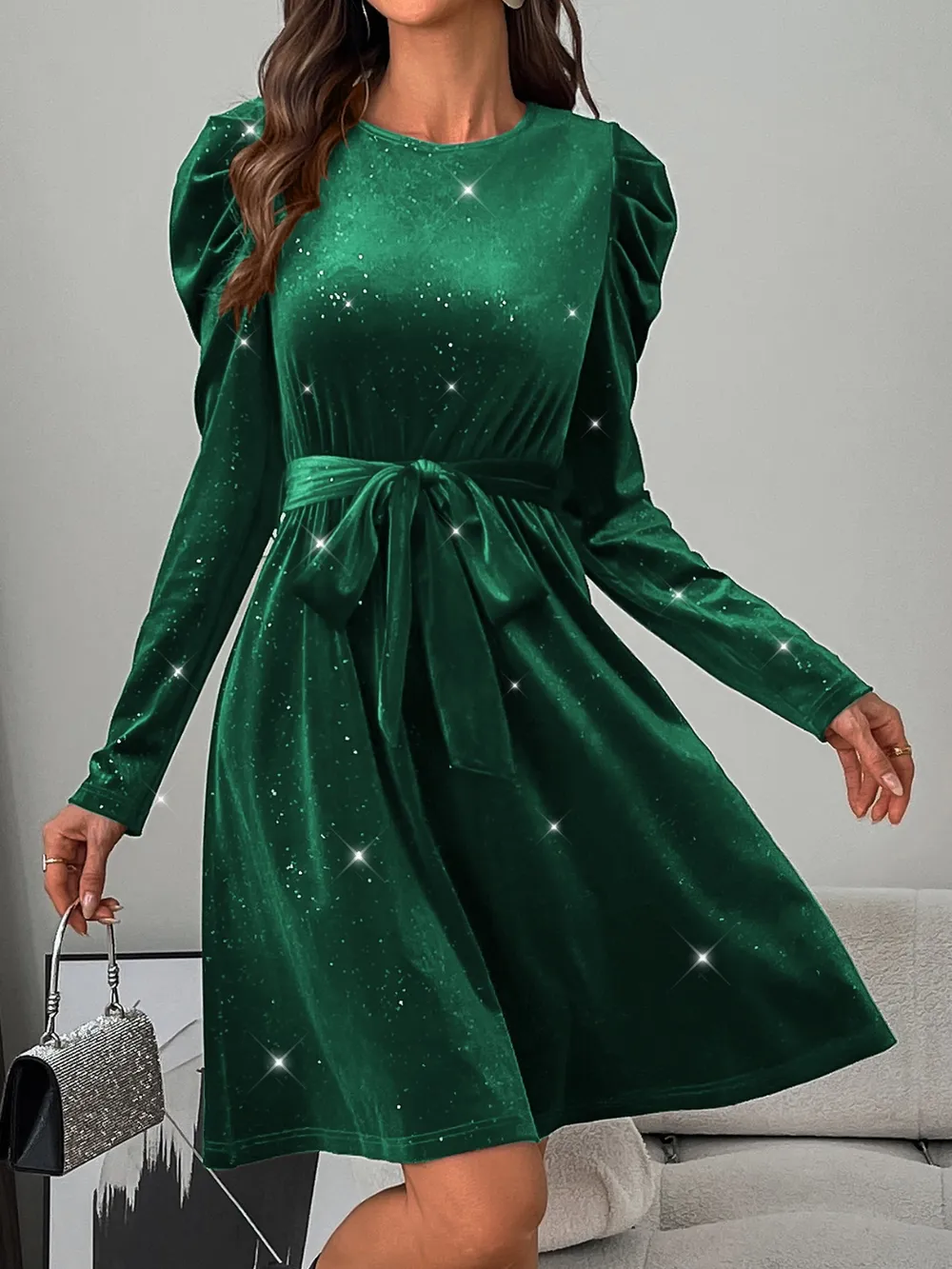 Glitter Round Neck Puff Sleeve Dress, image 6