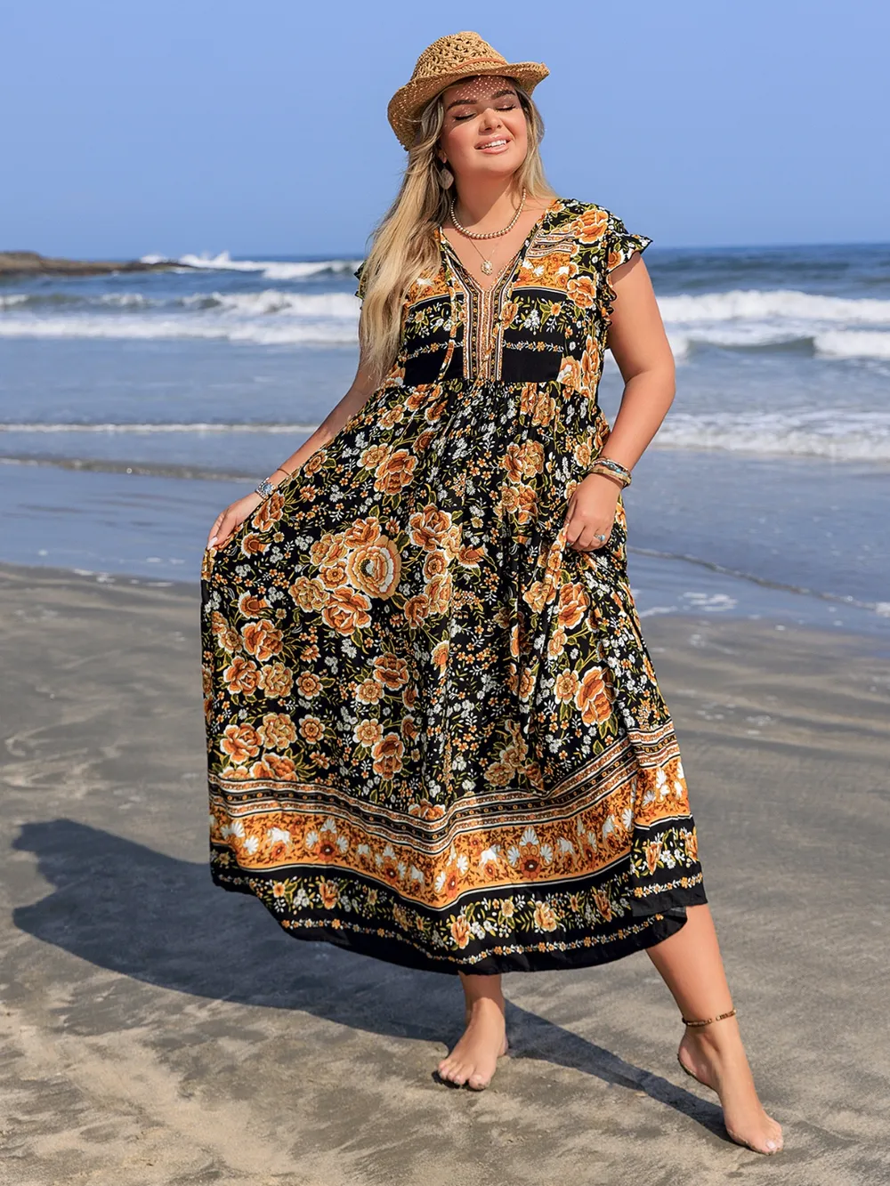 Plus Size Printed V-Neck Ruffle Cap Sleeve Maxi Dress, image 2