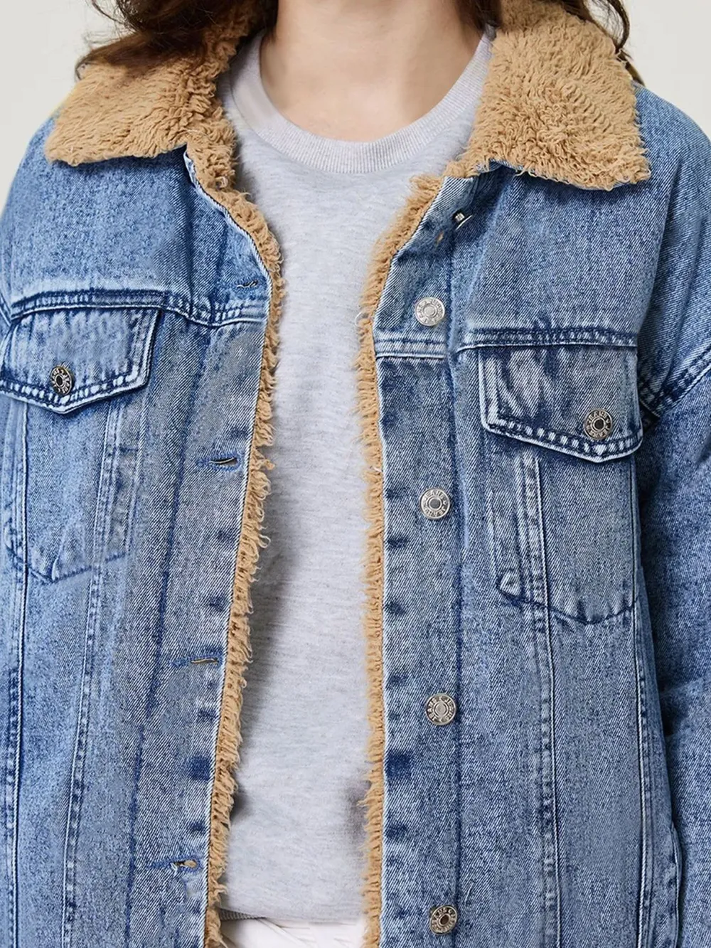 Button Up Collared Neck Plush Denim Jacket, image 4