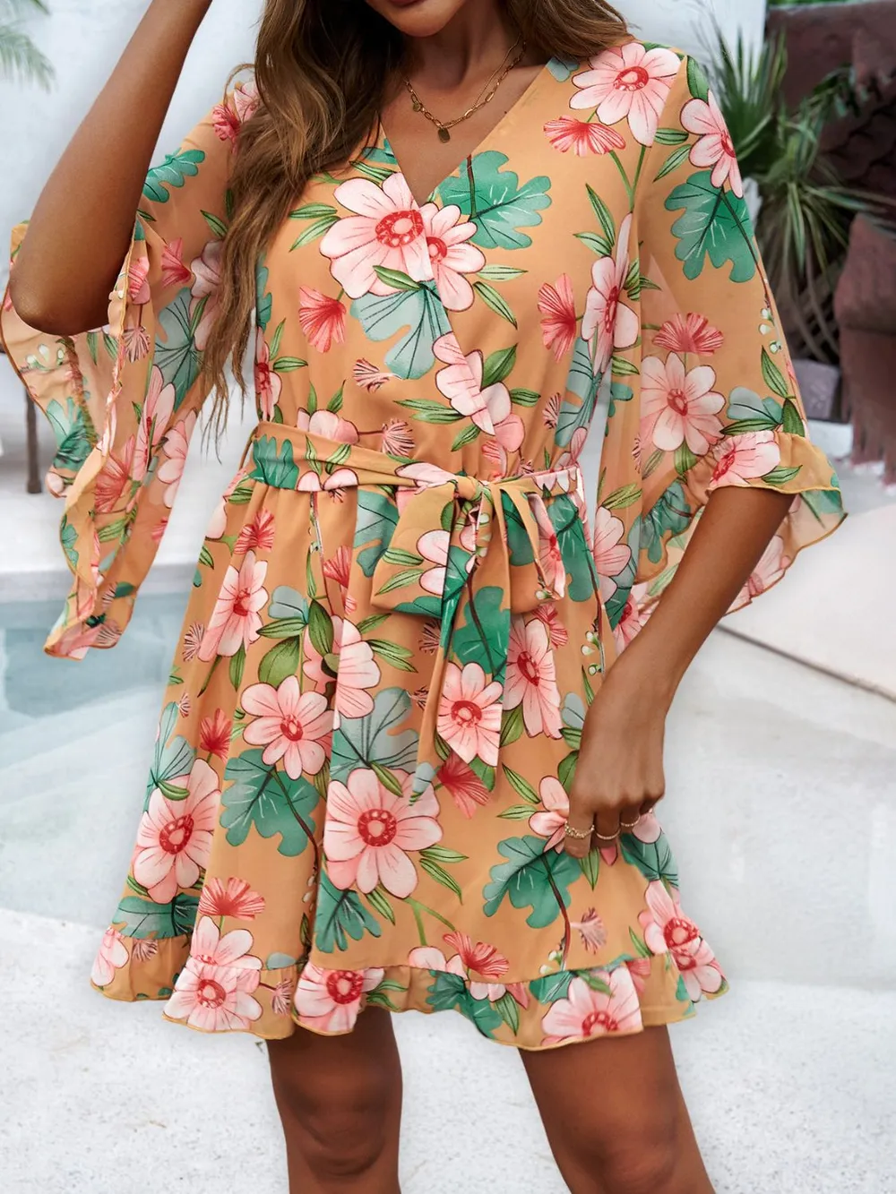 Ruffled Printed Surplice Half Sleeve Mini Dress, image 21