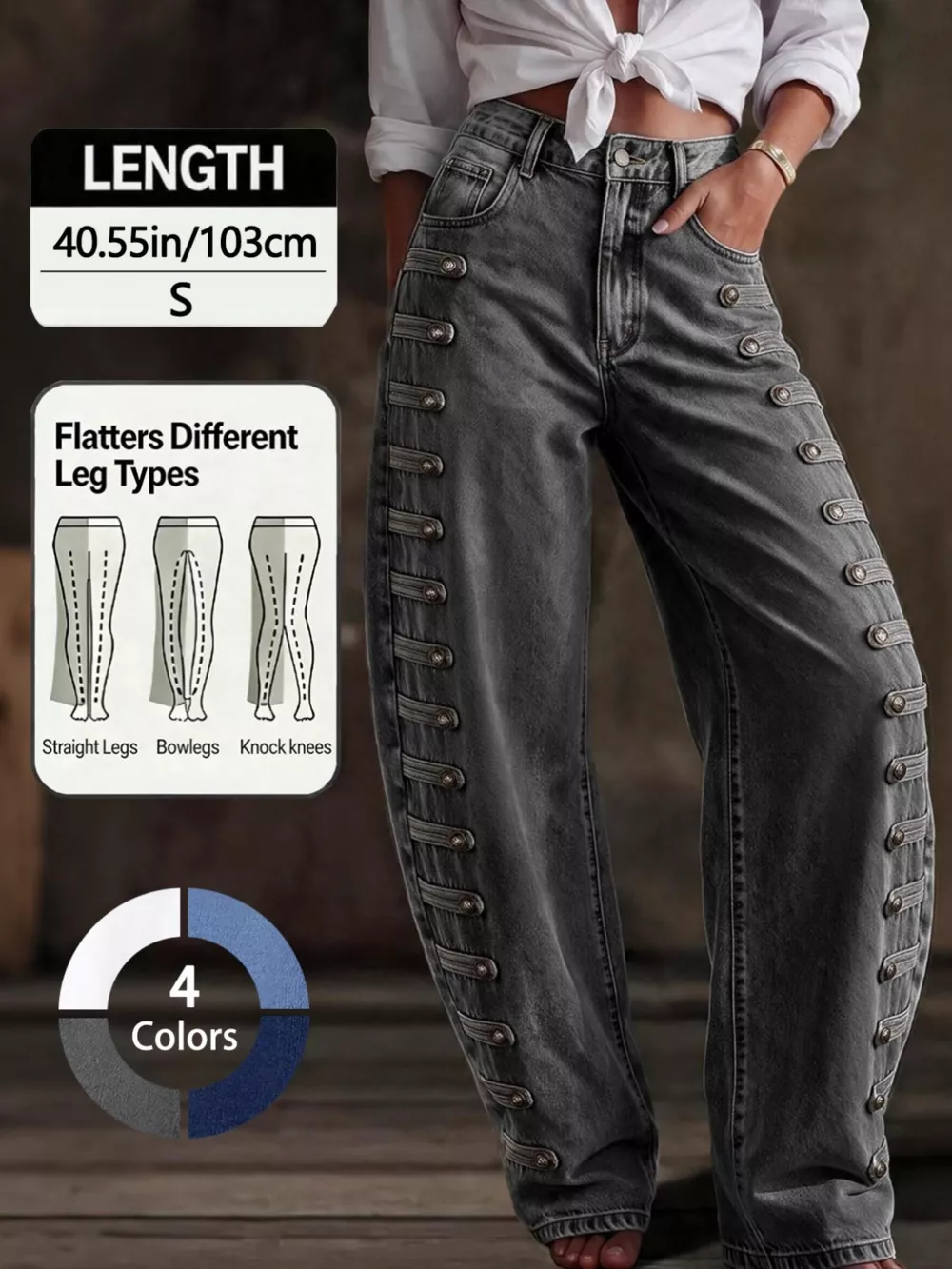 Decorative Button Wide Leg Jeans, image 28