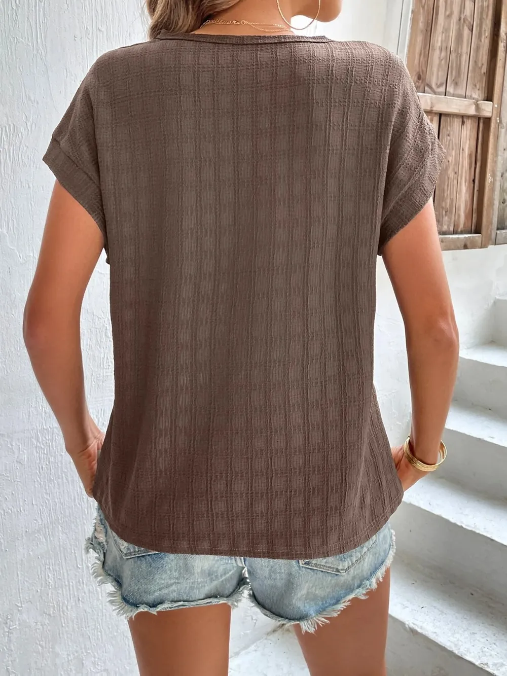 Textured Round Neck Short Sleeve Top, image 3