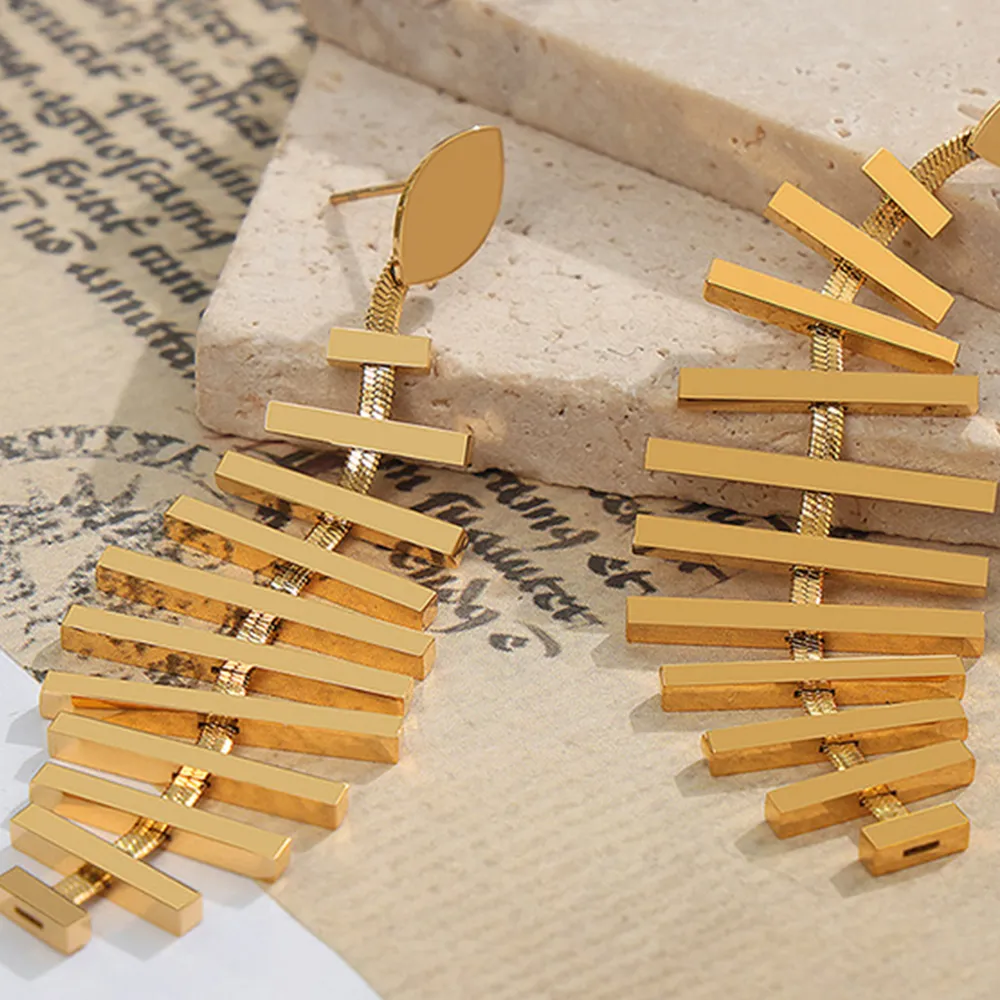 Titanium Steel Fishbone Shape Earrings, image 3