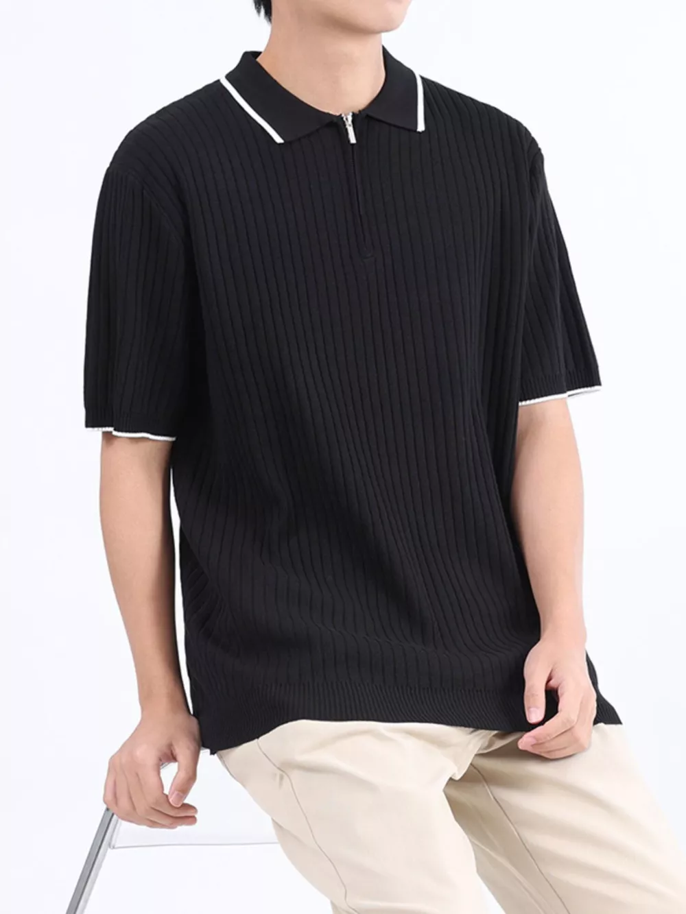Men's Plus Size Ribbed Knit Zip-Up Polo, image 4