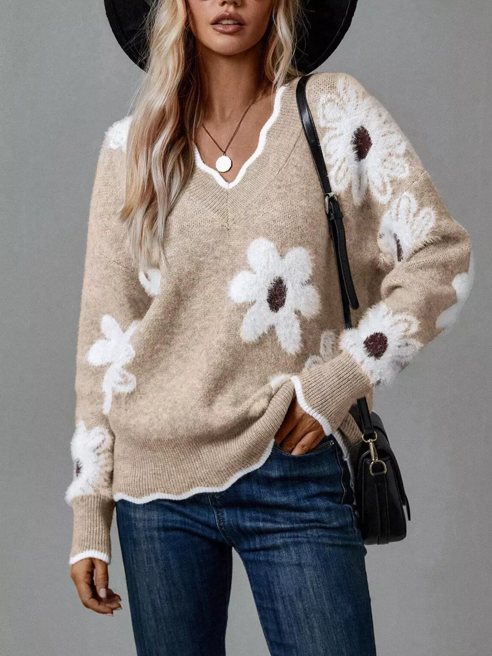 Floral V-Neck Long Sleeve Sweater, image 7