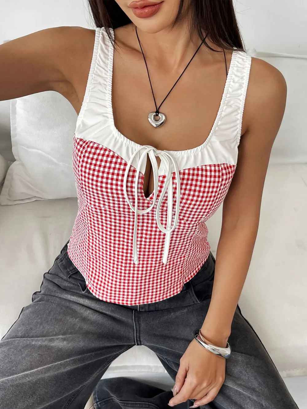 Contrast Plaid Square Neck Tank, image 2