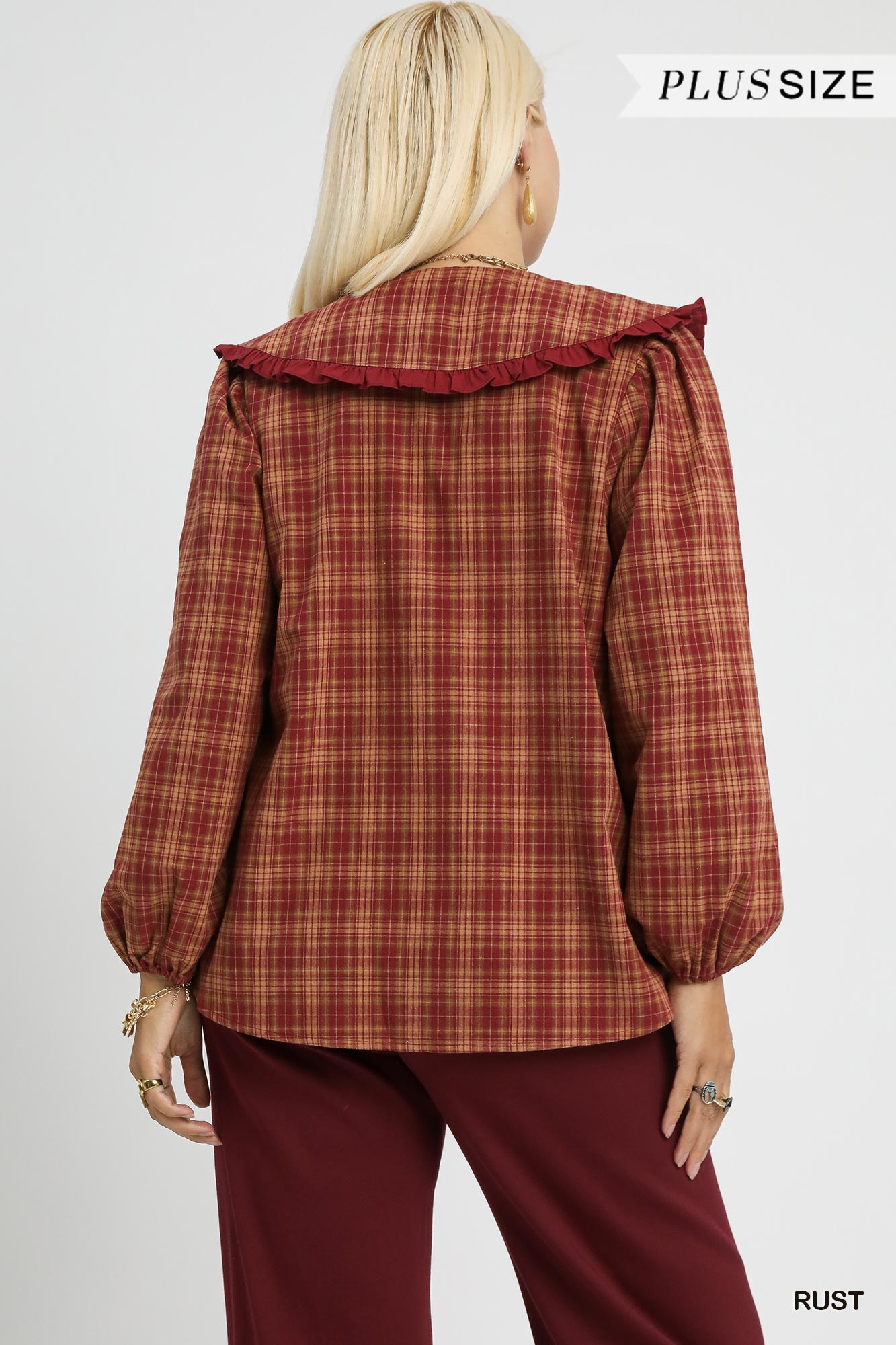 Full Size Plaid Ruffle Collar Blouse Plus Size, image 7