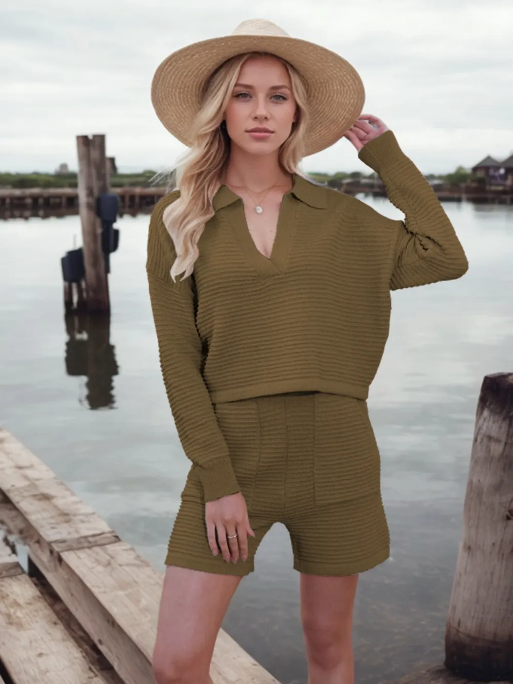 Johnny Collar Long Sleeve Top and Shorts Sweater Set, image 19