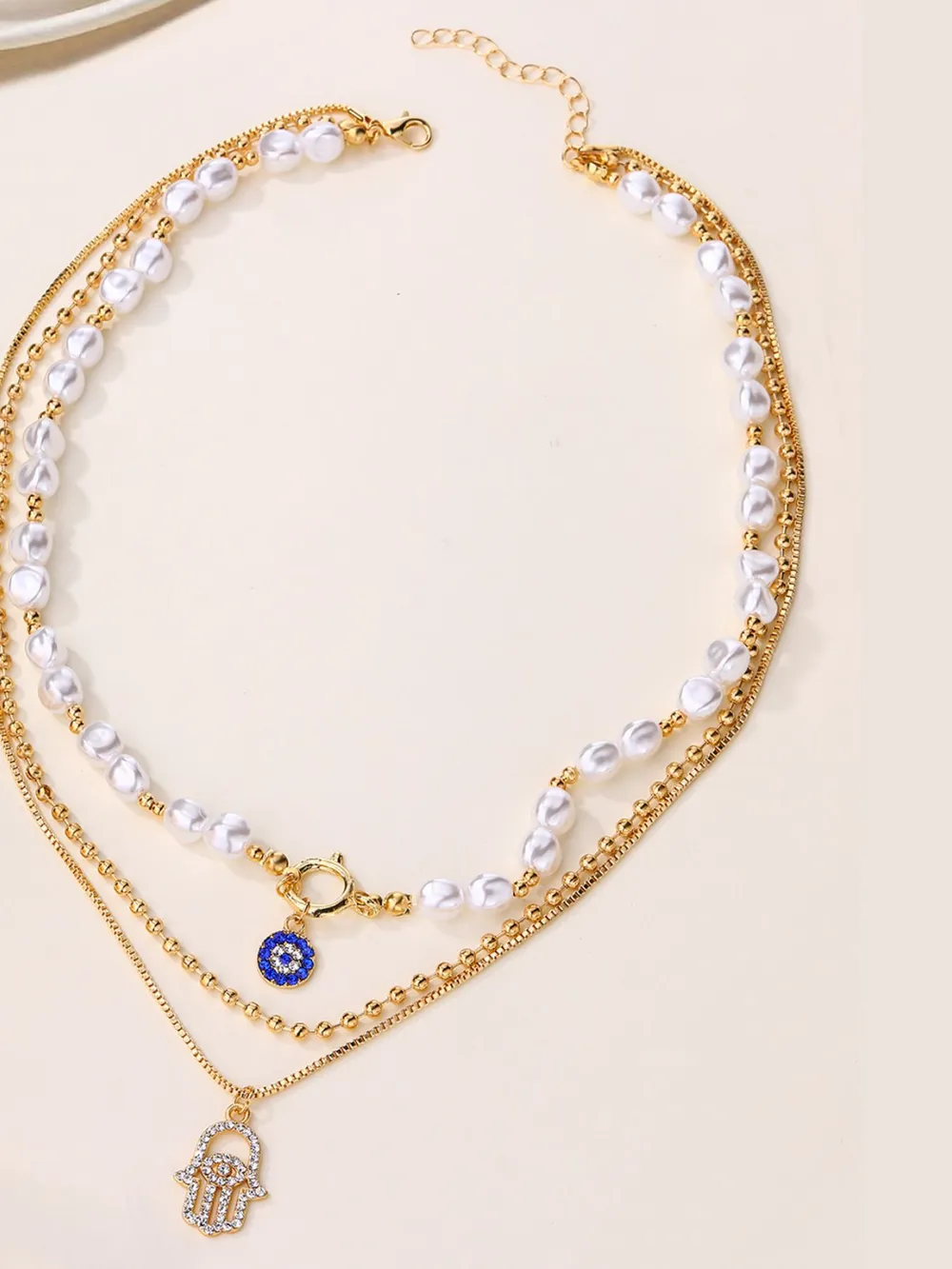 Layered Pearl Chain Evil Eye Hamsa Pendant Necklace, image 2
