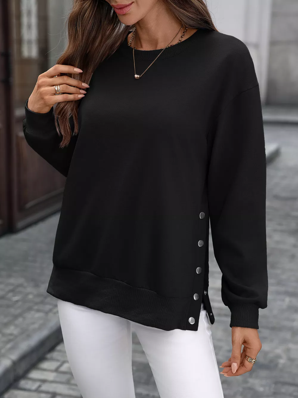 Side Snap Round Neck Sweatshirt, image 15