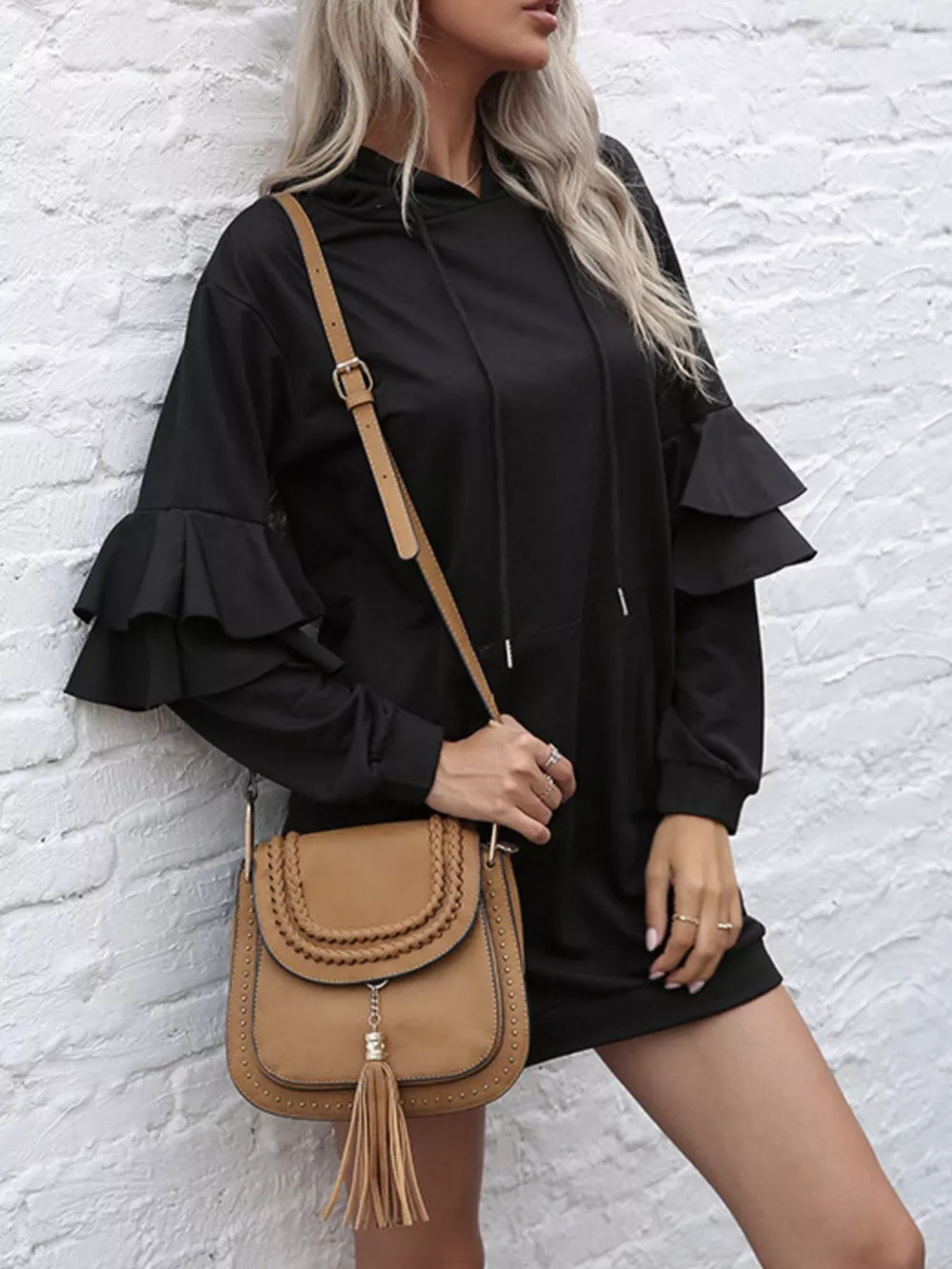 Ruffle Long Sleeve Hooded Mini Dress, image 3