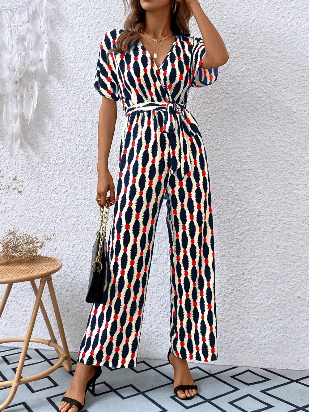 Printed Surplice Tie Waist Short Sleeve Jumpsuit, image 7