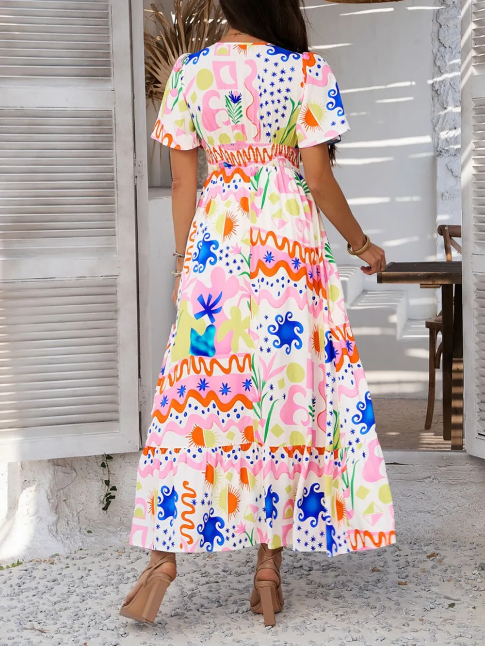 Smocked Printed V-Neck Short Sleeve Maxi Dress, image 11