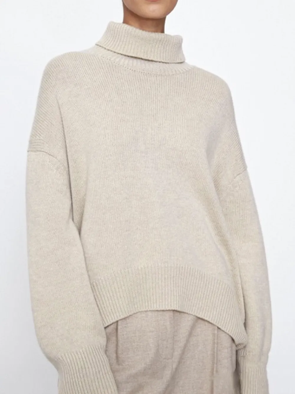 Ribbed Detail Turtleneck Dropped Shoulder Sweater, image 10