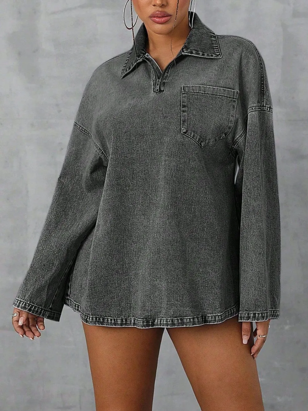 Collared Neck Drop Shoulder Denim Top
