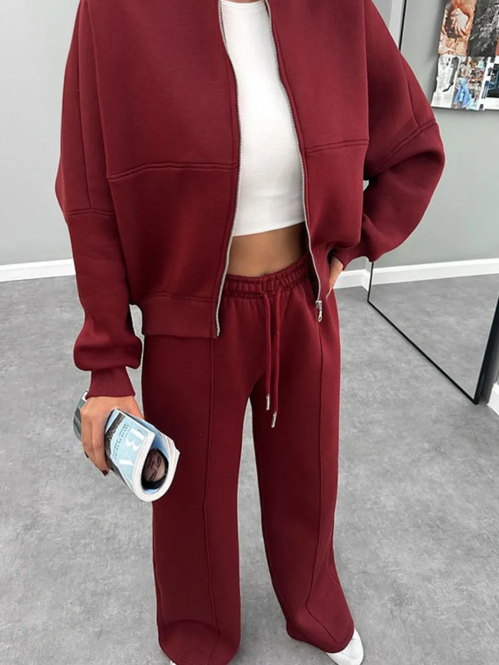 Baseball Collar Zip Up Outerwear and Drawstring Pants Set, image 7