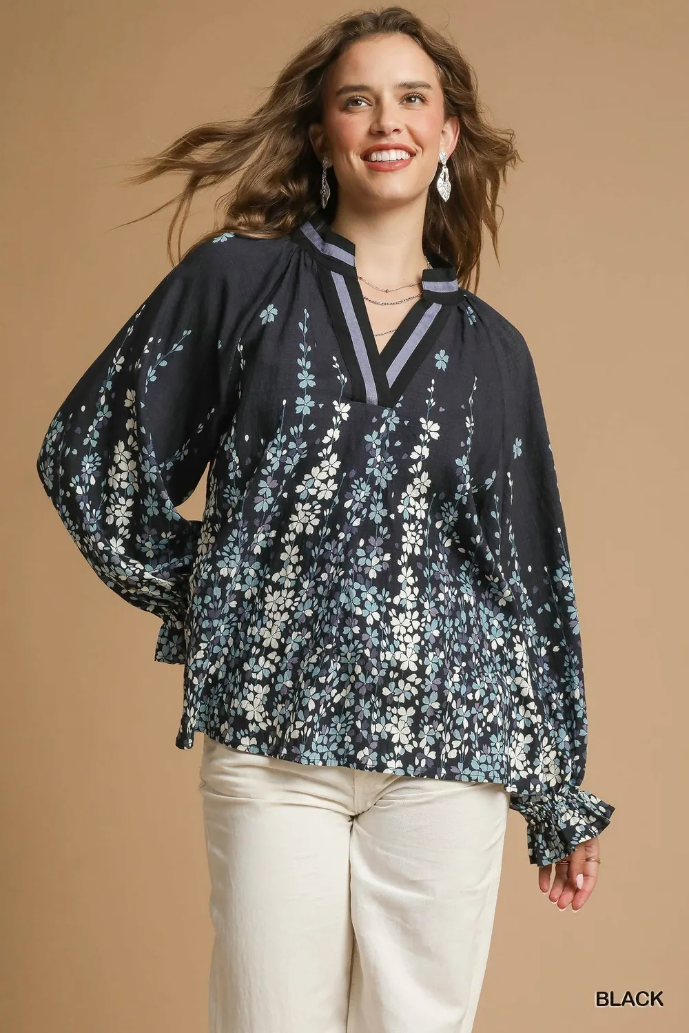 Full Size Floral Vine Print Blouse with Balloon Sleeves Plus Size