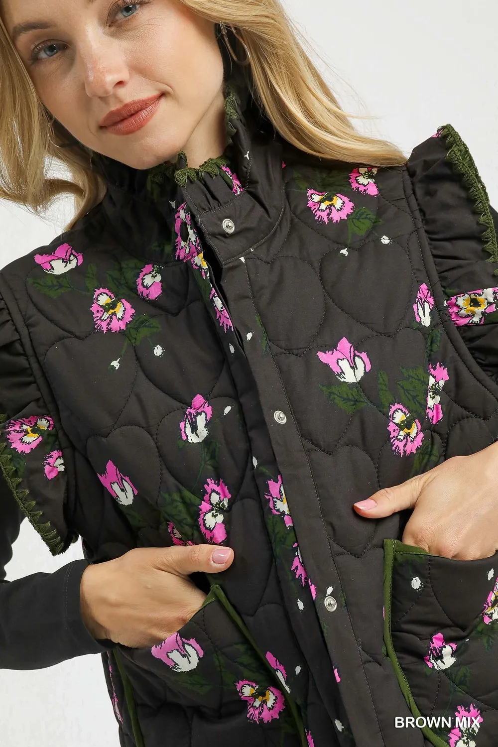 Ruffled Quilted Floral Snap Down Vest, image 5