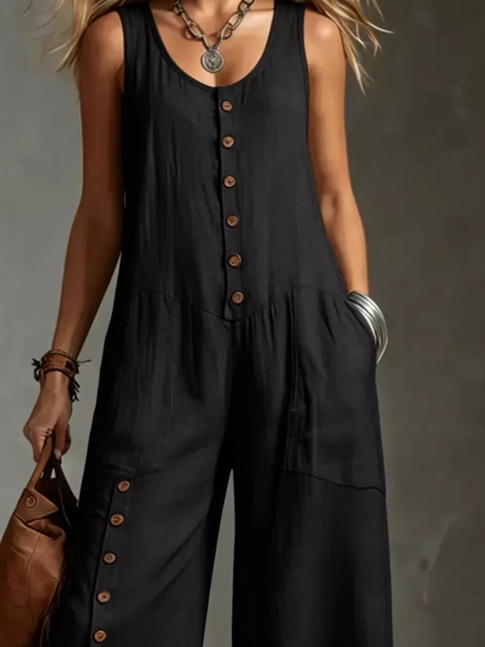 Full Size Sleeveless Button-Down Wide-Leg Jumpsuit Plus Size, image 6