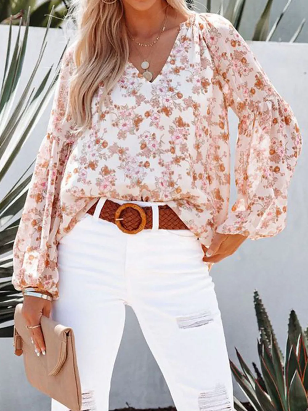 Full Size Floral Print V-Neck Long Sleeve Blouse Plus Size, image 13