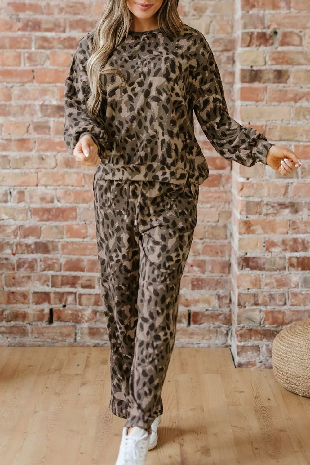 Leopard Print Long Sleeve Top and Pants Set, image 4