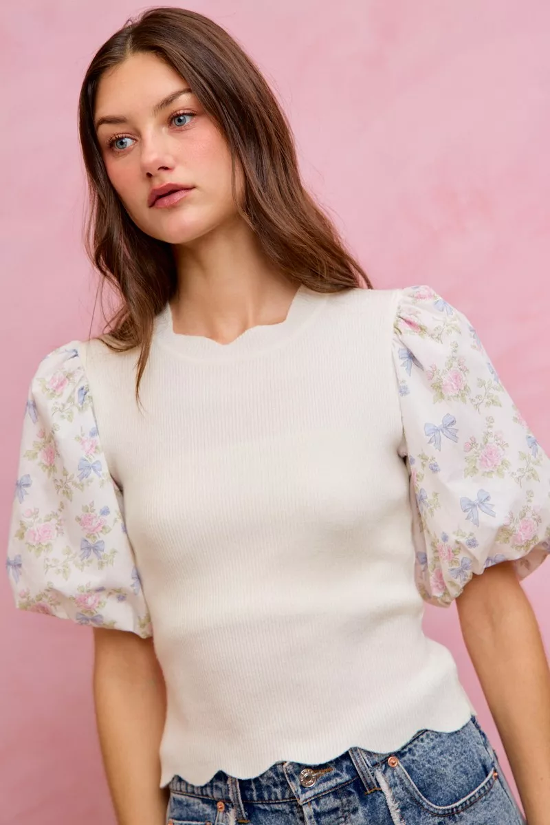 Floral Cotton Contrast Sleeves Scallop Sweater Top, image 21