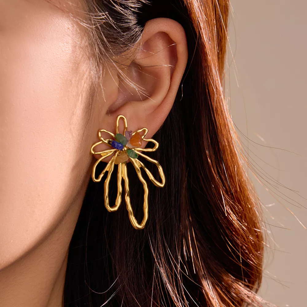 18K Gold-Plated Natural Stone Flower Earrings, image 4