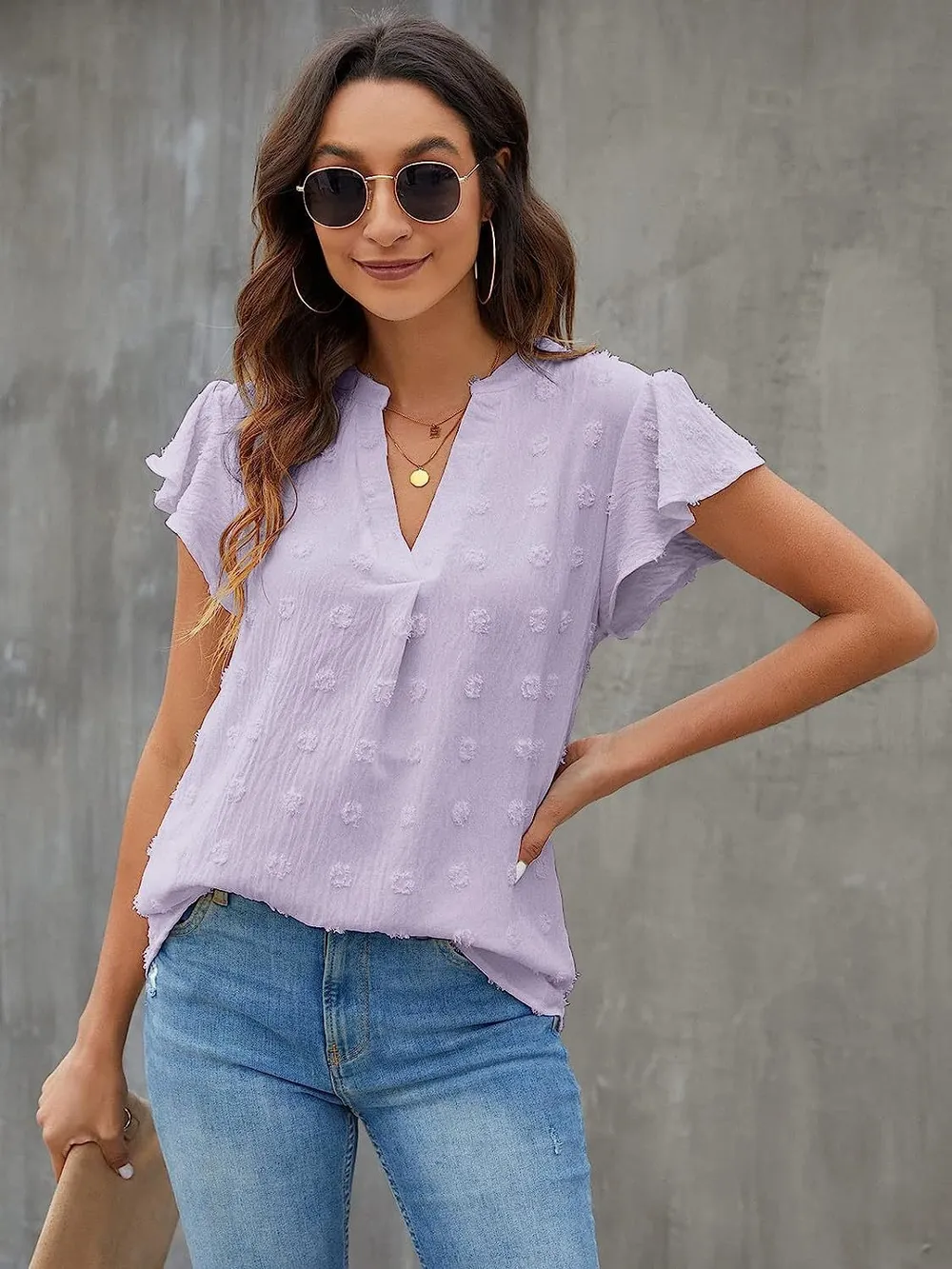 Swiss Dot Notched Cap Sleeve Blouse, image 32