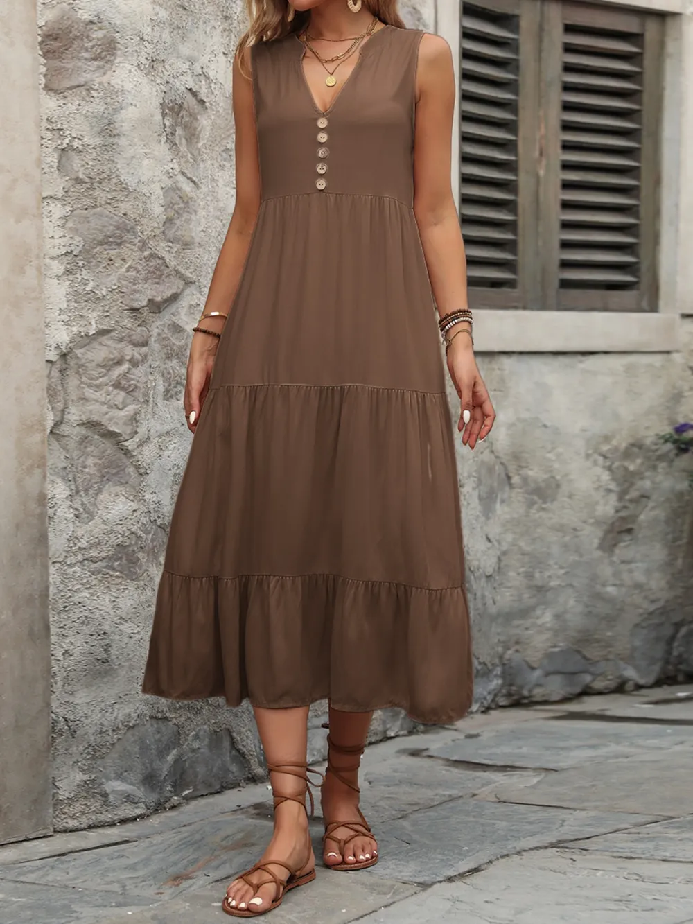 Decorative Button Notched Sleeveless Dress, image 6