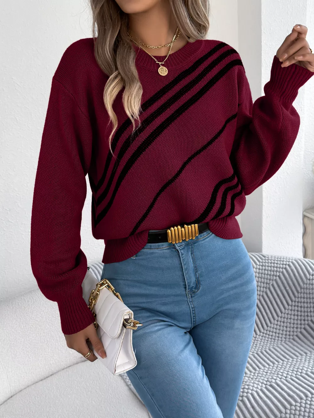 Striped Pattern Casual Round Neck Sweater, image 8