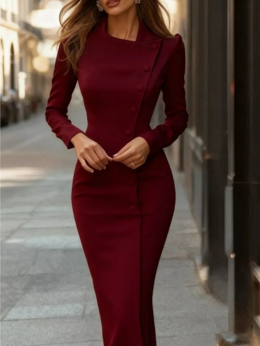 Button Front Long Sleeve Midi Dress, image 4