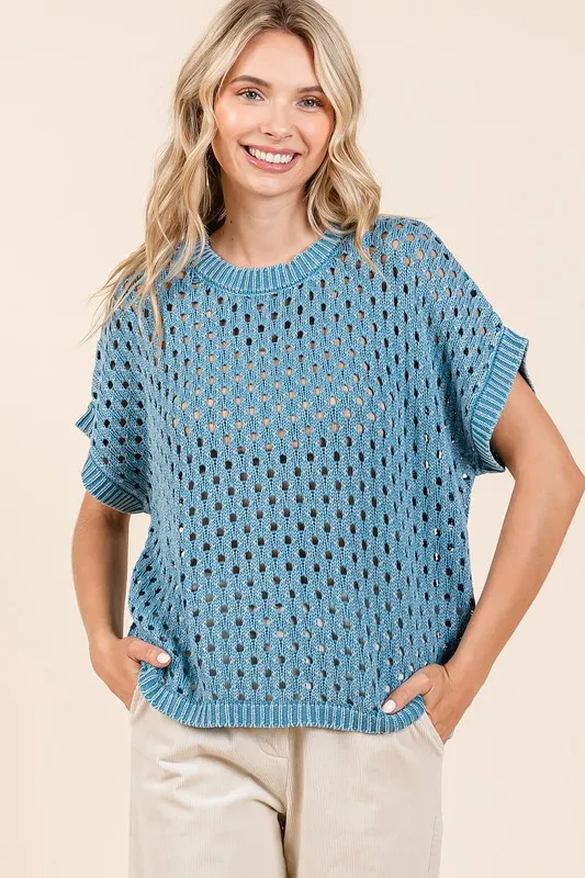 Mineral Wash Openwork Short Sleeve Knit Cover Up, image 3