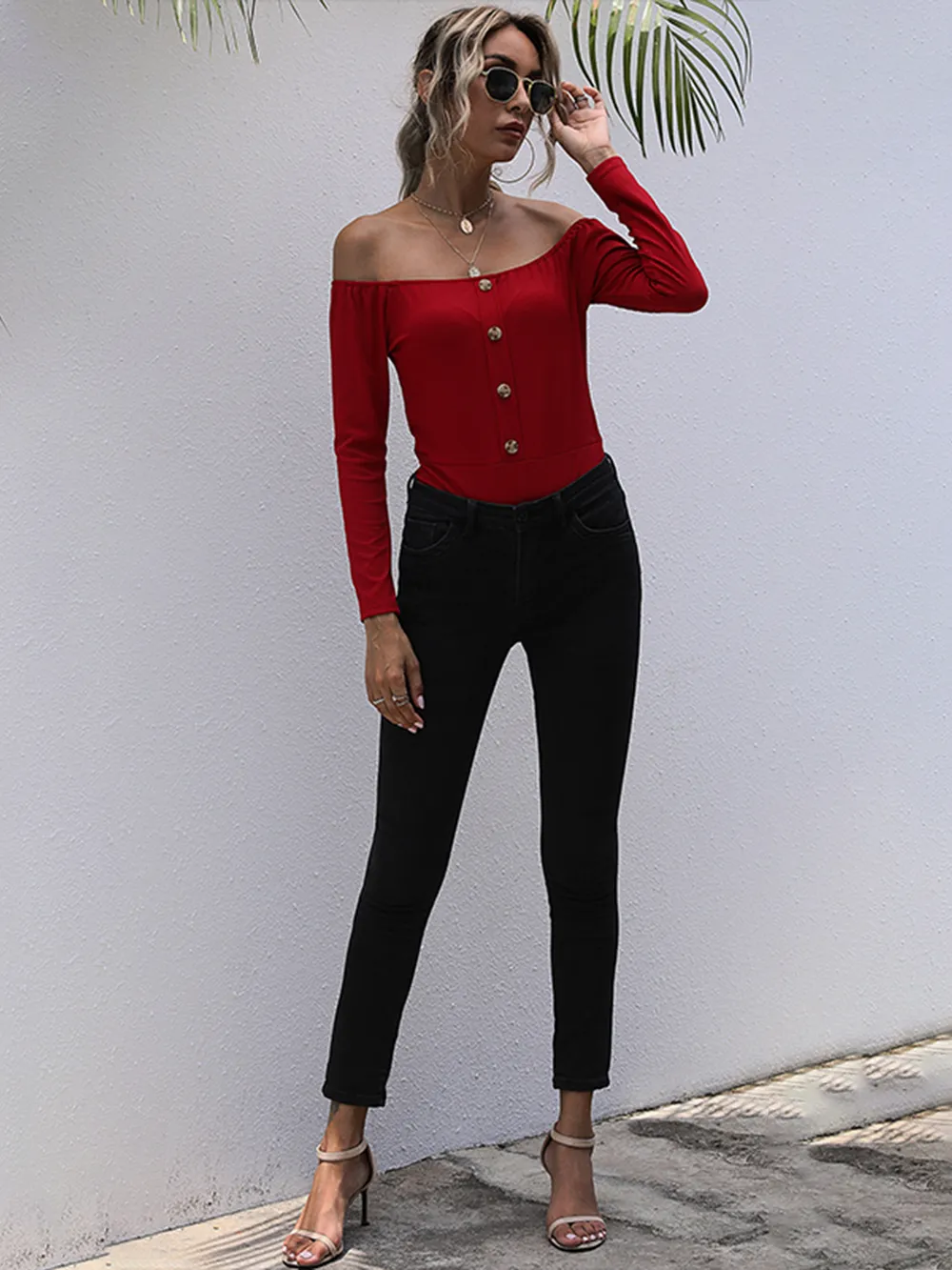 Decorative Button Off-Shoulder Long Sleeve Bodysuit, image 4