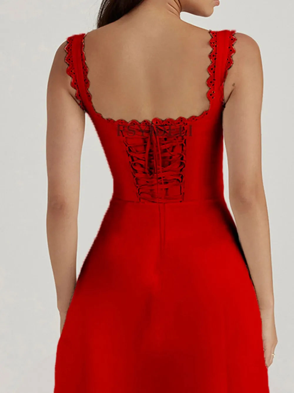 Scalloped V-Neck Midi Dress with Back Lace-Up, image 2