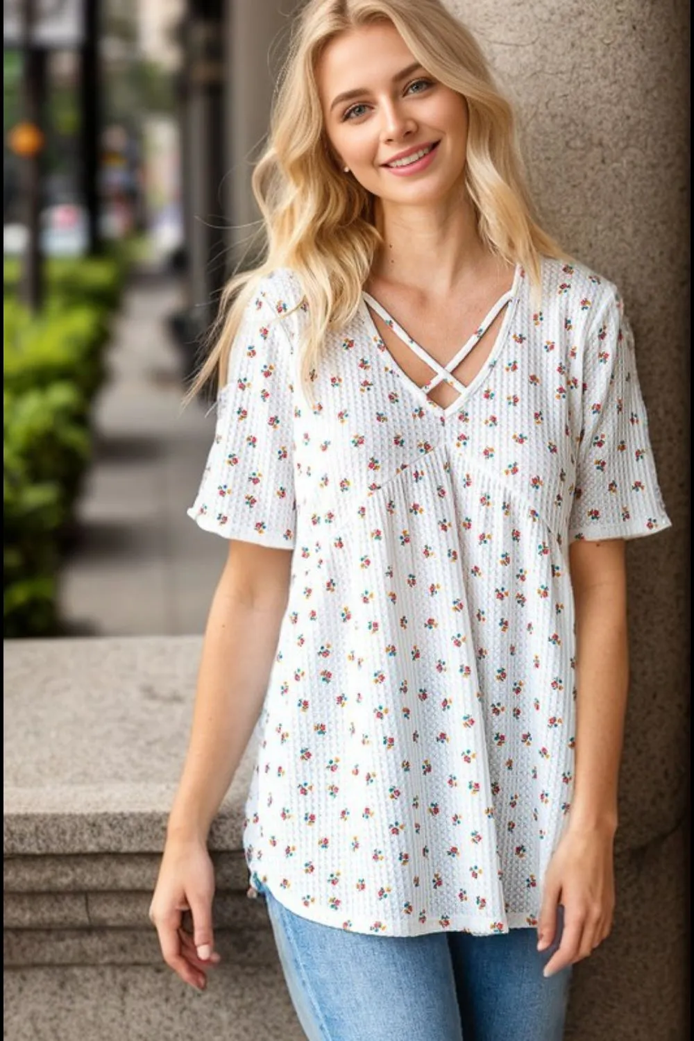 Full Size Crisscross Ditsy Floral Babydoll Top Plus Size, image 2