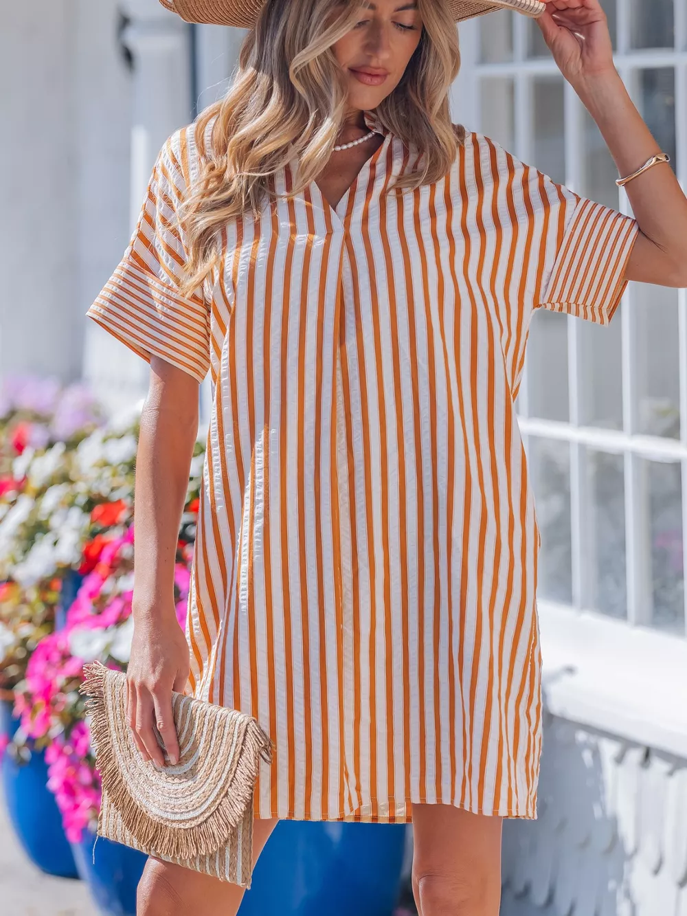 Stripe Pinched V Neck Turn-up Cuffs Shift Mini Dress, image 4