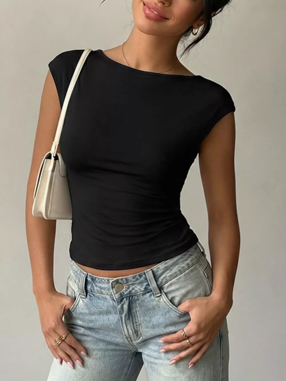 Lace Detail Cap-Sleeve T-Shirt