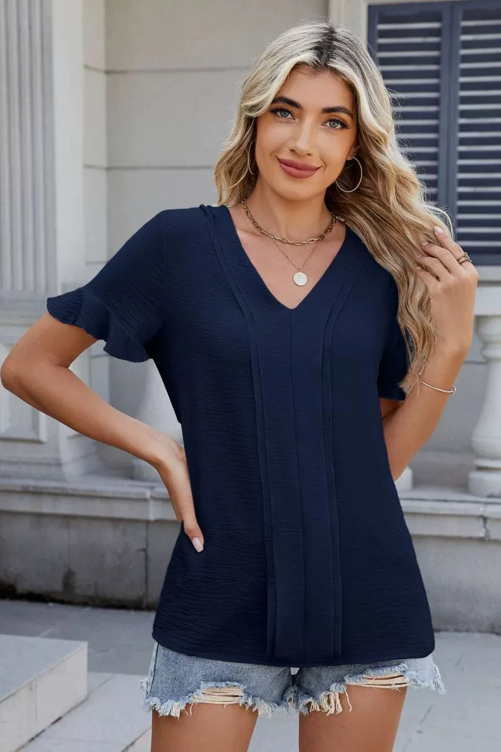 Ruffled V-Neck Short Sleeve Blouse, image 10