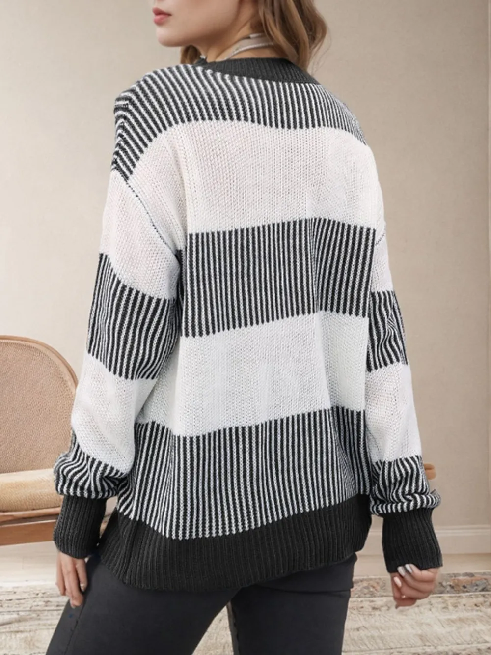 Striped Round Neck Long Sleeve Sweater, image 8