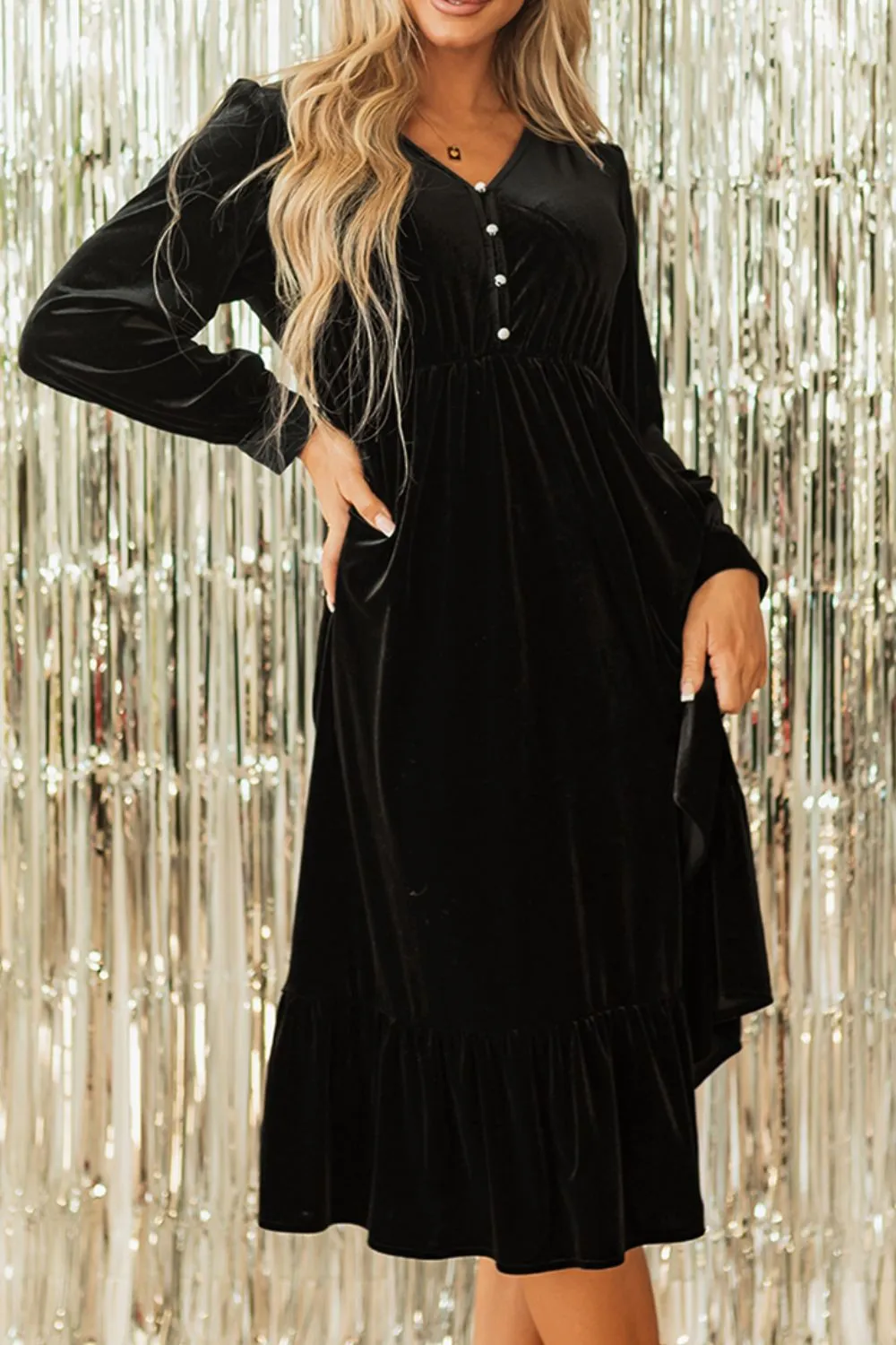 Ruffle Hem Slit V-Neck Long Sleeve Dress, image 6