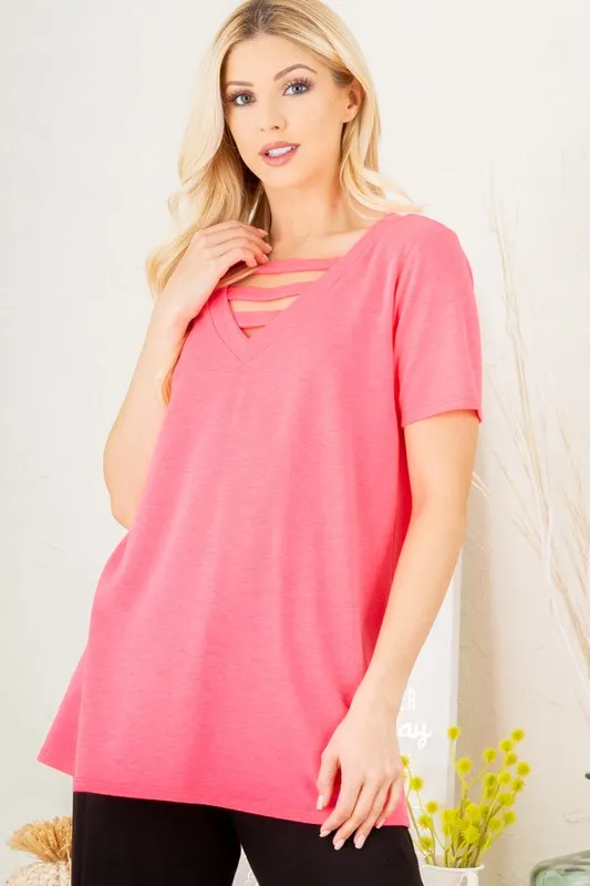 Full Size V-Neck Short Sleeve T-Shirt with Bar Detail Plus Size, image 10