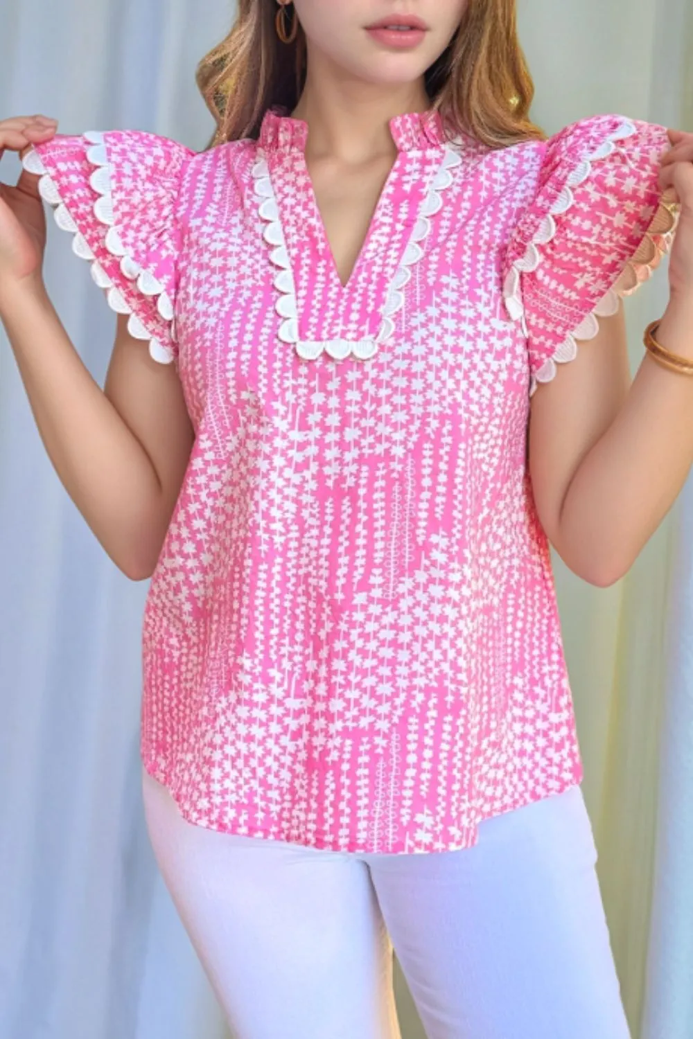 Abstract Print Ric Rac Trim Flutter Sleeve Notched Blouse, image 3
