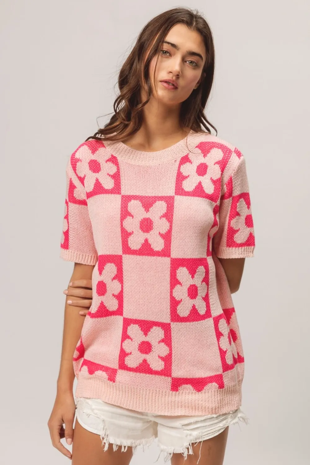 Flower Checker Pattern Short Sleeve Sweater, image 4