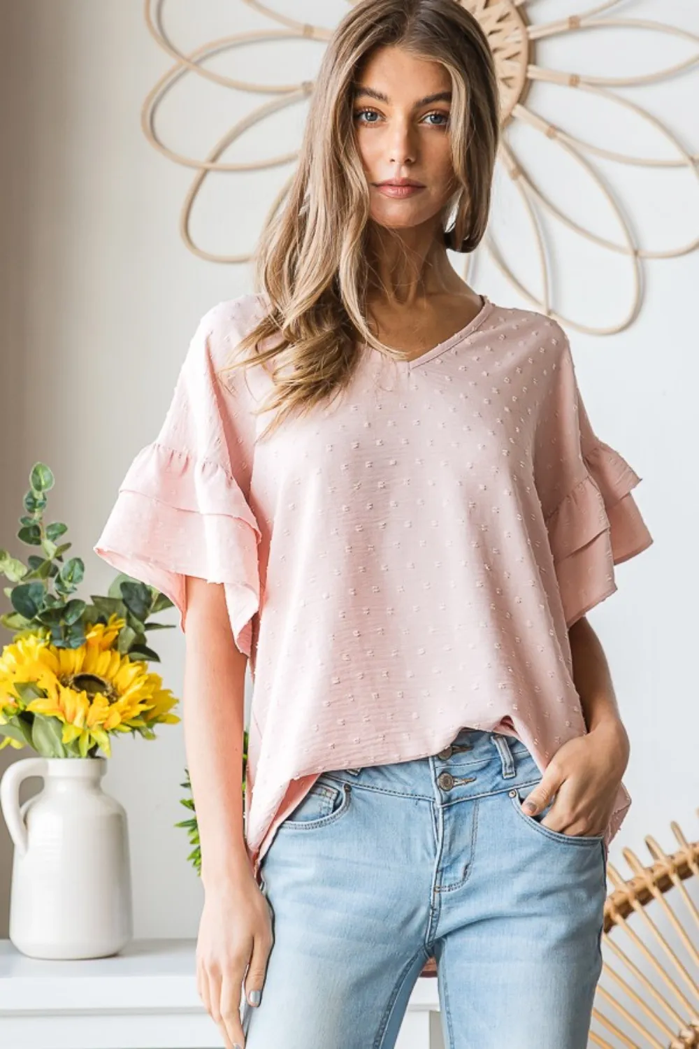 Full Size Swiss Dot Ruffle Short Sleeve Top, image 5