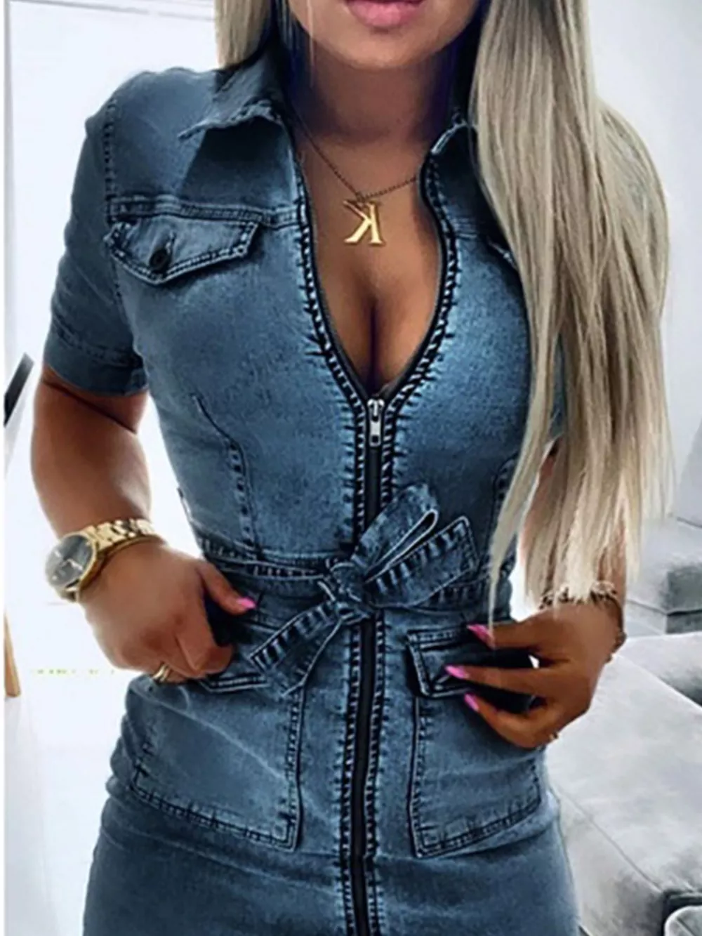 Zipper Front Short Sleeve Denim Dress, image 9