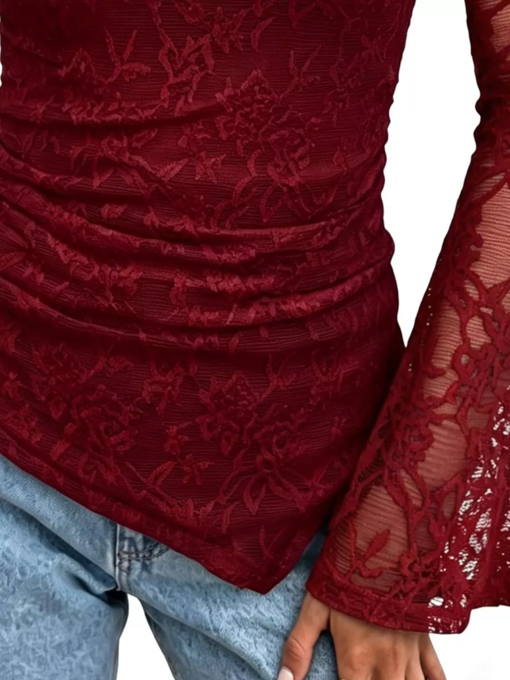 Floral Lace Long Sleeve Blouse with Flared Cuffs, image 12